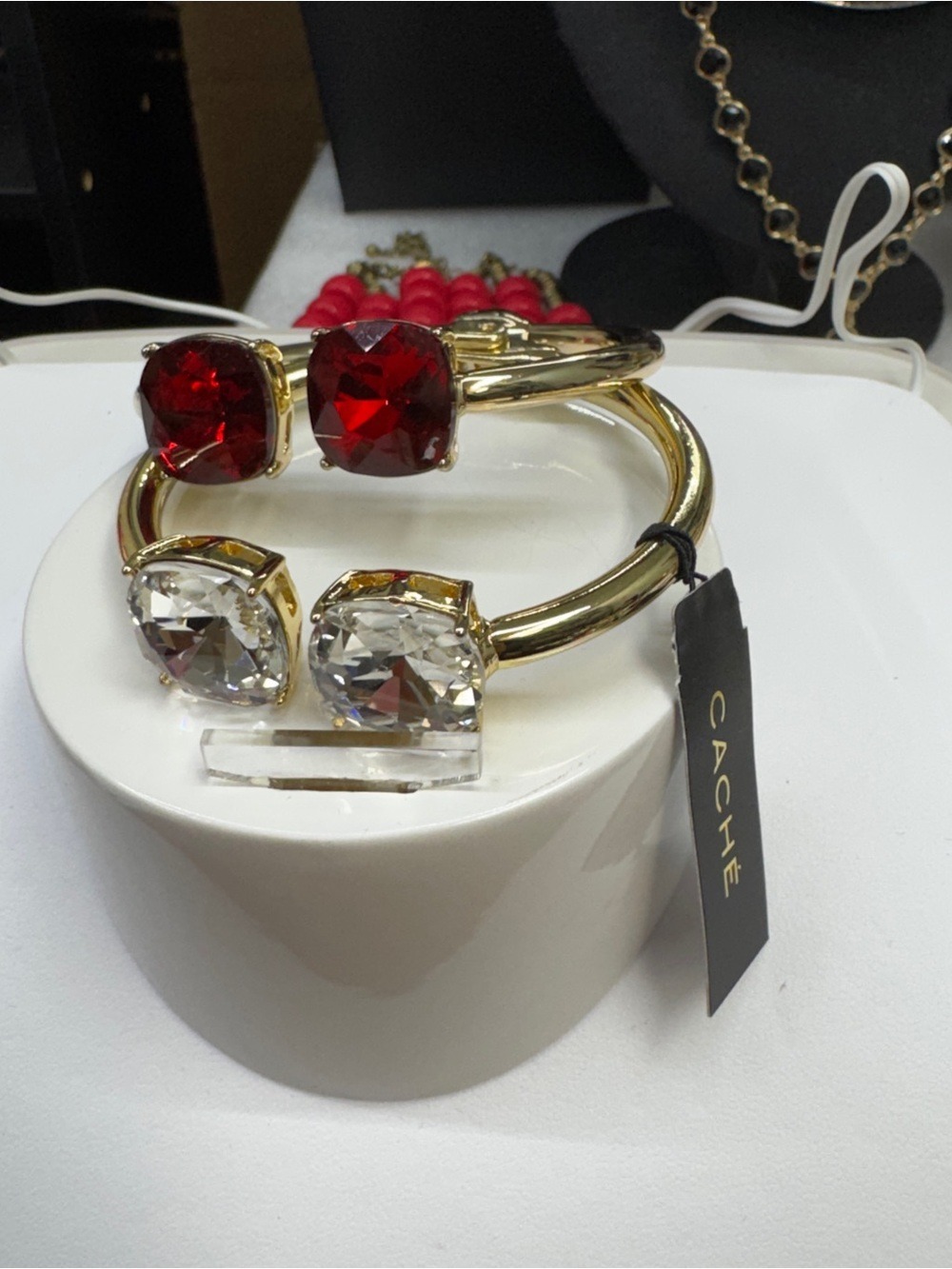 Cache Gold-Tone Double Cuff Bracelet with Red and Clear Stones